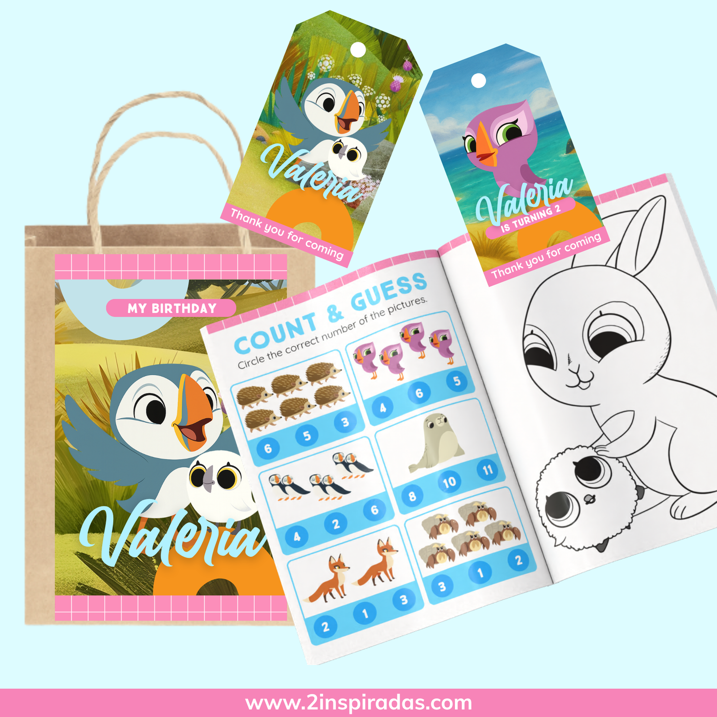 Kit cumpleaños de Puffin Rock editable en Canva
