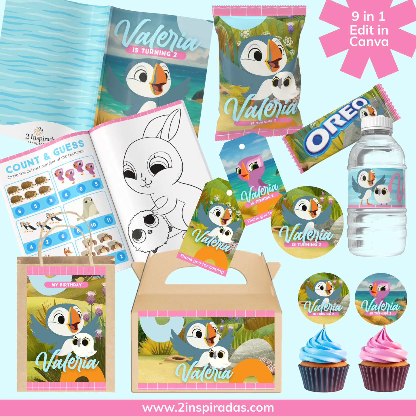 Kit cumpleaños de Puffin Rock editable en Canva