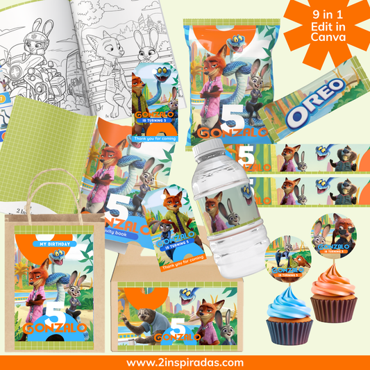 Kit cumpleaños de Zootopia editable en Canva
