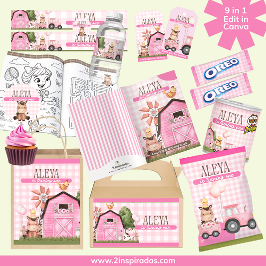 Kit cumpleaños de Granja editable en Canva