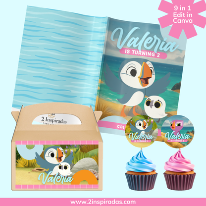 Kit cumpleaños de Puffin Rock editable en Canva