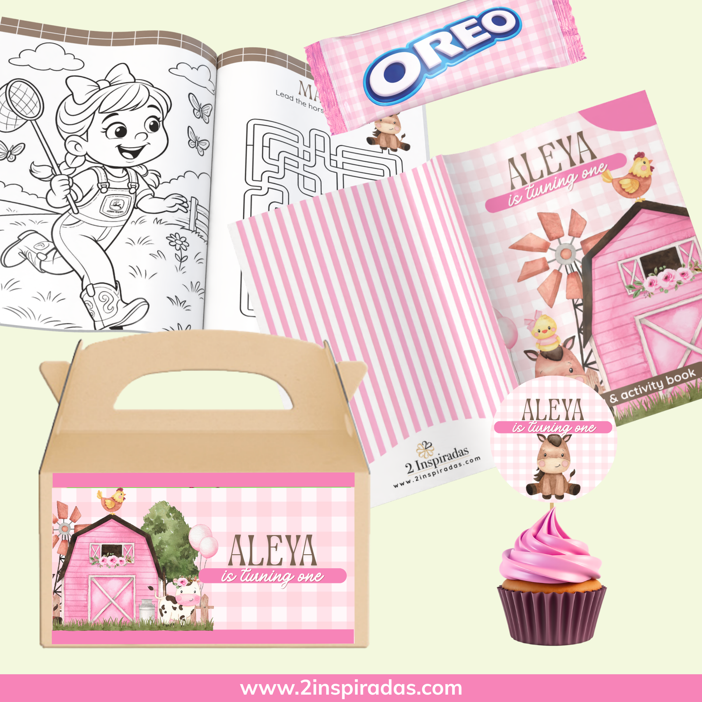 Kit cumpleaños de Granja editable en Canva