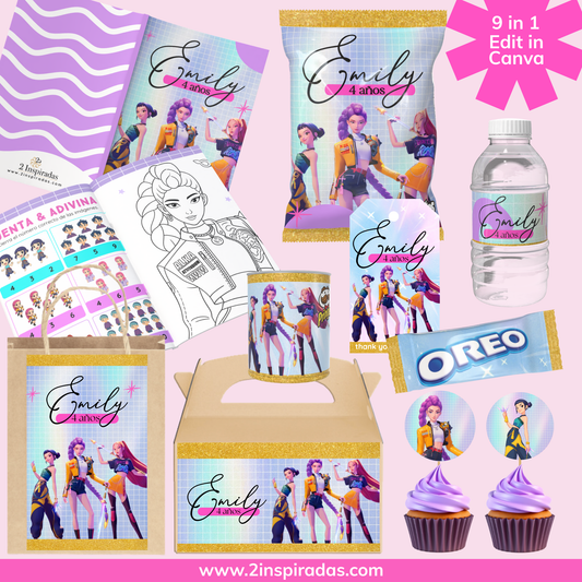 Kit cumpleaños de Kpop Demon Hunters editable en Canva