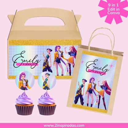 Kit cumpleaños de Kpop Demon Hunters editable en Canva